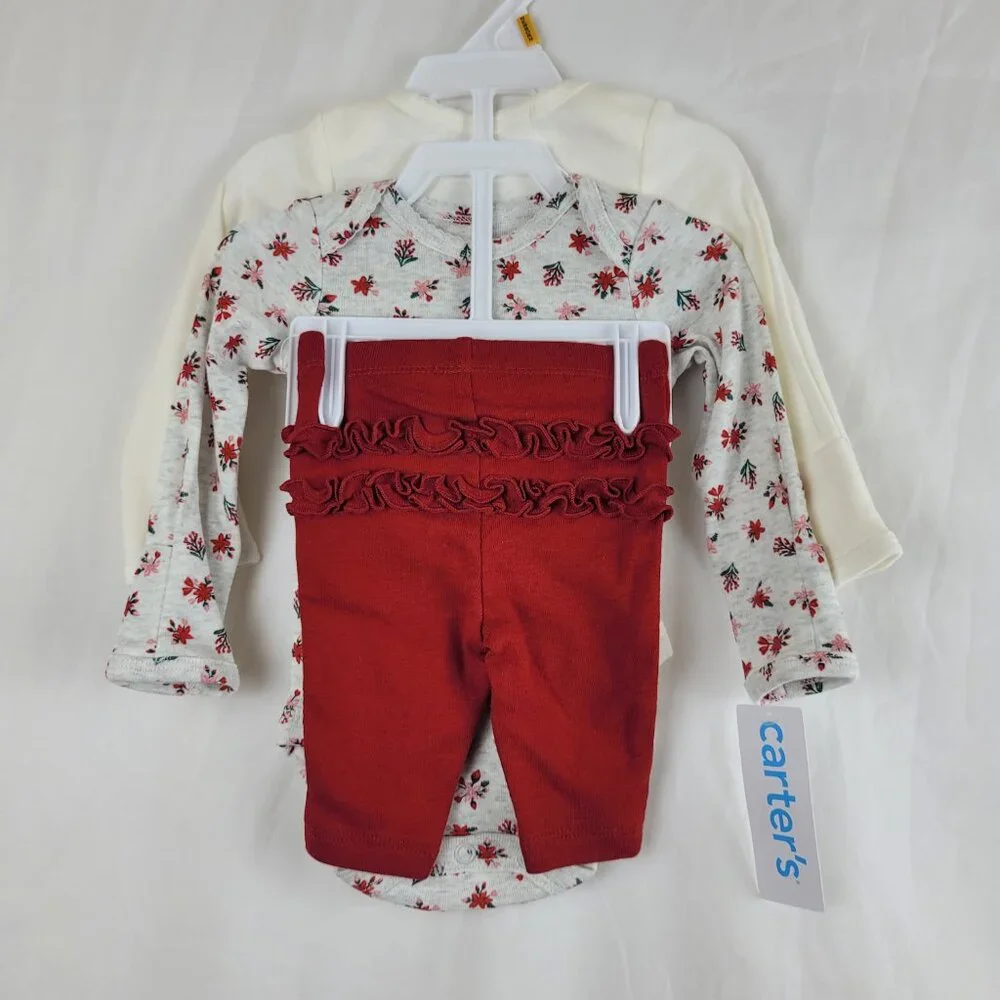 3pc Carter's Newborn Baby Girl Pants bodysuits Long sleeve Christmas Embroidered